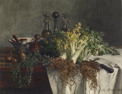 Nature morte sur une table de cuisine avec céleri, persil, bol et burettes, 1865 - Léon Bonvin